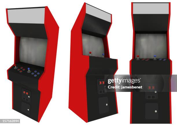 arcade geräte drei view (isoliert - videospielhalle stock-fotos und bilder