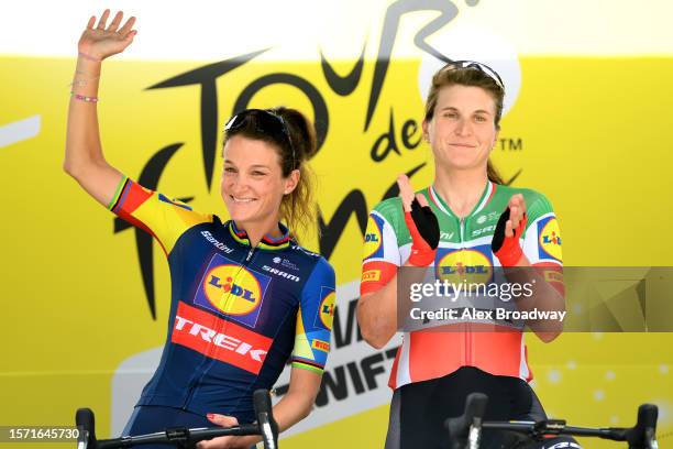 Elizabeth Deignan of The United Kingdom and Elisa Longo Borghini of Italy and Team Lidl - Trek prior to the 2nd Tour de France Femmes 2023, Stage 4 a...