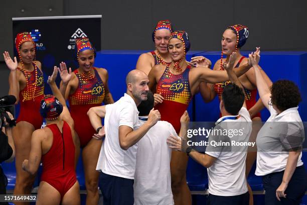 Members of Team Spain celebrate in the Women's Water Polo Semifinal match between Australia and Spain on day 11 of the Fukuoka 2023 World Aquatics...