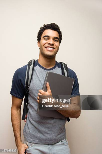 happy student with laptop - student backpack stock pictures, royalty-free photos & images