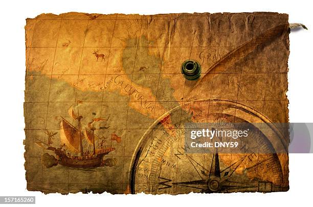 multiple exposure of old world map,compass, inkwell and quill - north pacific stock pictures, royalty-free photos & images