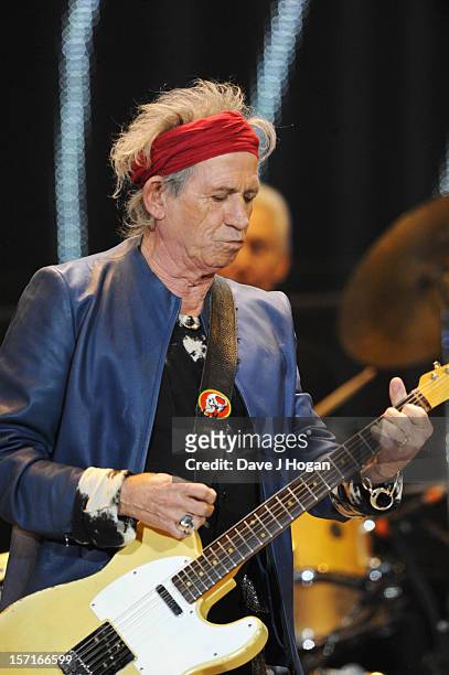 Keith Richards of The Rolling Stones perfoms at The O2 Arena on November 29, 2012 in London, England.