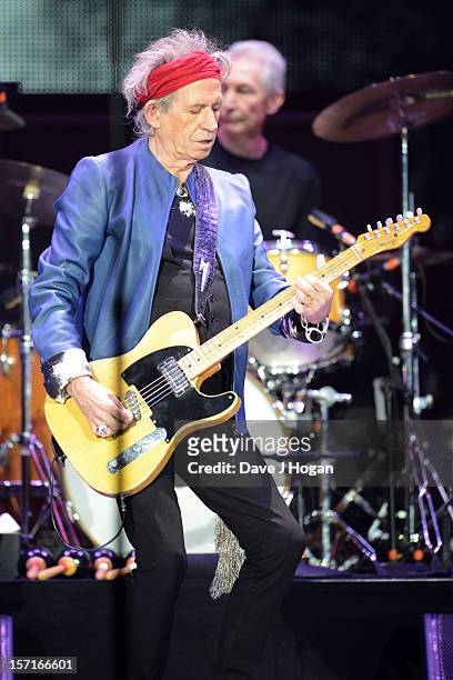 Keith Richards of The Rolling Stones perfoms at The O2 Arena on November 29, 2012 in London, England.