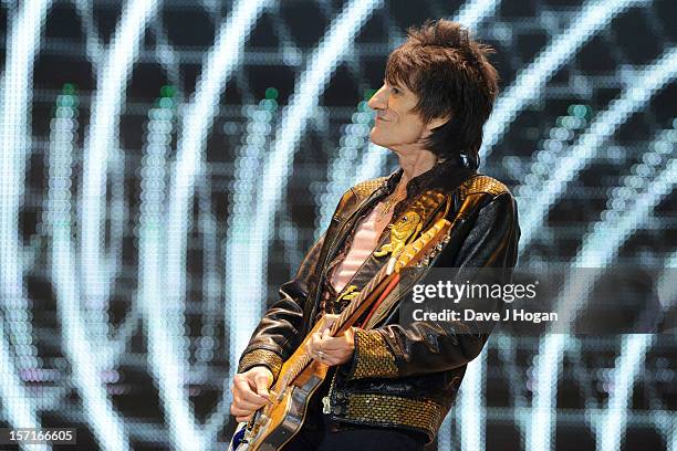 Ronnie Wood of The Rolling Stones perfoms at The O2 Arena on November 29, 2012 in London, England.