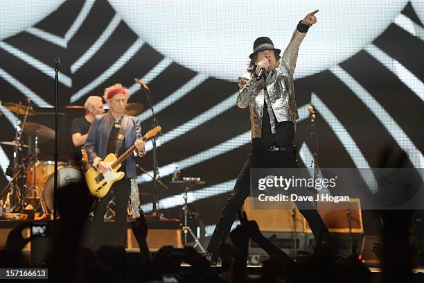 Charlie Watts, Keith Richards and Mick Jagger of The Rolling Stones perfom at The O2 Arena on November 29, 2012 in London, England.