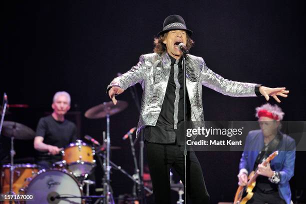 Charlie Watts, Mick Jagger and Keith Richards of The Rolling Stones perform at 02 Arena on November 29, 2012 in London, England.