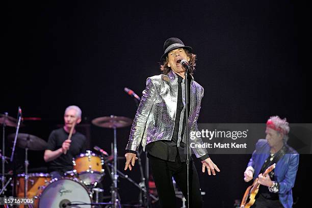 Charlie Watts, Mick Jagger and Keith Richards of The Rolling Stones perform at 02 Arena on November 29, 2012 in London, England.