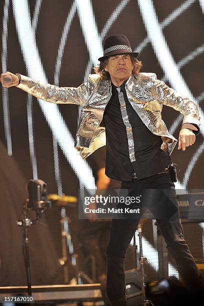 Mick Jagger of The Rolling Stones performs at 02 Arena on November 29, 2012 in London, England.