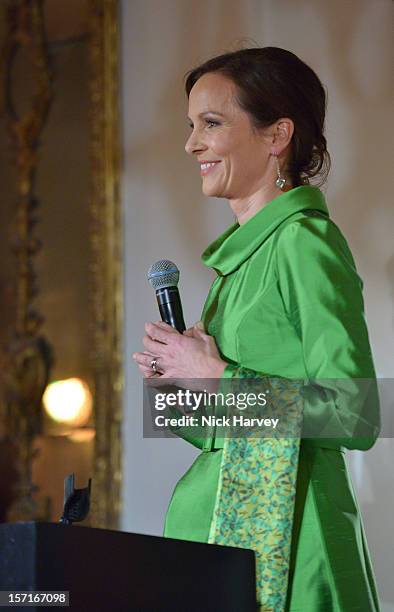 Brita Fernandez Schmidt speaks during catwalk show and auction hosted by Browns, Harpers Bazaar and H.E. Alain Giorgio Maria Economides in aid of...