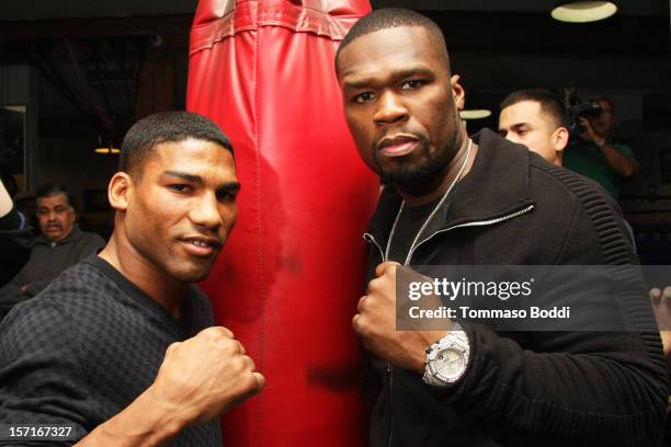 Yuriorkis Gamboa and Curtis Jackson attend a Los Angeles media workout held at Fortune Gym on November 29, 2012 in Los Angeles, California.