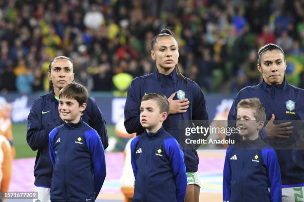 Brazil stand for their national anthem at the FIFA Women's World Cup Australia and New Zealand 2023 Group F match between Jamaica and Brazil at...