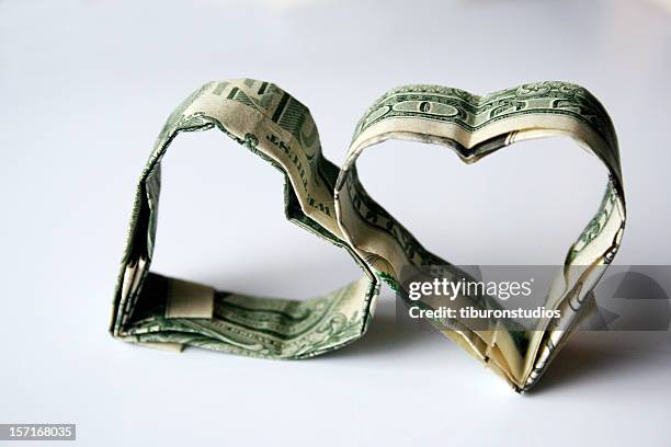 origami money hearts made from u.s. dollars - bill fold stock pictures, royalty-free photos & images