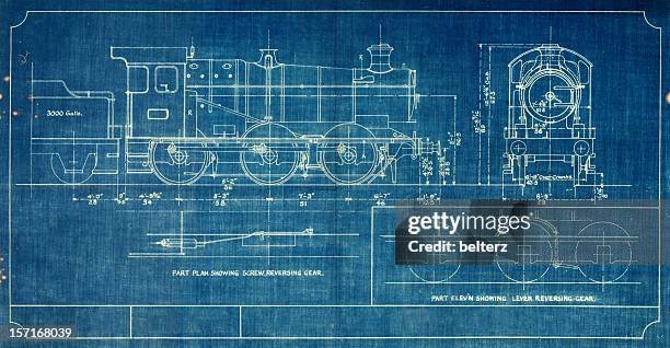 illustrazioni stock, clip art, cartoni animati e icone di tendenza di blueprint vintage treno - train blueprint