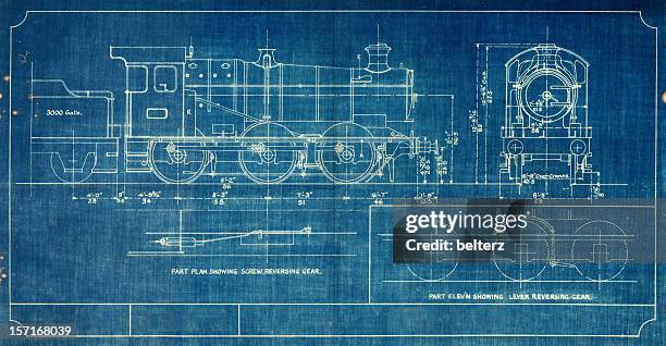 a blueprint of a vintage train, outlined in white - architecture plan stock illustrations