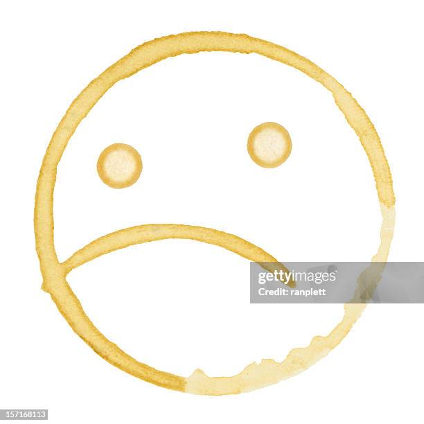 sad coffee stain isolated on a pure white background - anthropomorphic face stock pictures, royalty-free photos & images