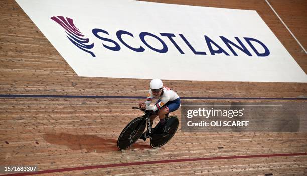 Great Britain's Daphne Schrager takes part in a women's c2 individual pursuit qualification race at the Sir Chris Hoy velodrome during day one of the...