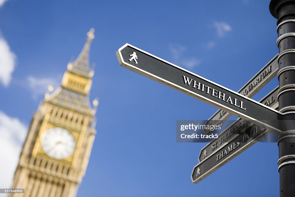 London sign directing towards Whitehall with Big Ben in background
