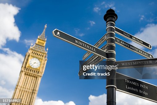 Road signs in London, with clock tower in background. Road signs in London, with clock tower in background.