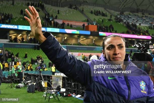 Brazil's forward Marta waves to the crowd after the Australia and New Zealand 2023 Women's World Cup Group F football match between Jamaica and...