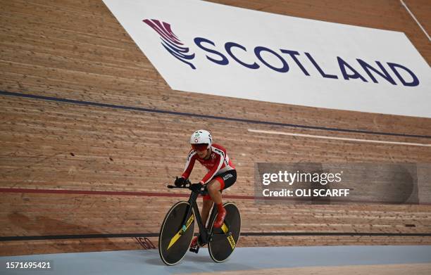 Austria's Yvonne Marzinke takes part in a women's c2 individual pursuit qualification race at the Sir Chris Hoy velodrome during day one of the...