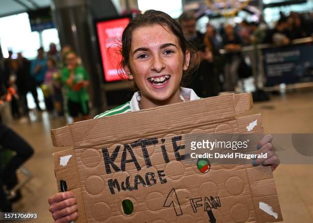 Dublin , Ireland - 2 August 2023; Ireland supporter Holly O'Brien, age 14, from Cavan at Dublin Airport on the Republic of Ireland's return from the...