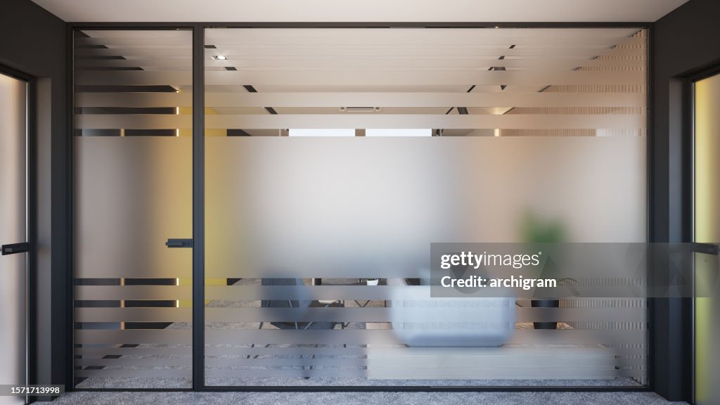 Innenarchitektur. Computergeneriertes Bild des Büros. Eingang Lobby. Architektonische Visualisierung. 3D-Rendern. Stockfotografie