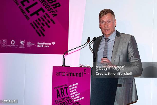 Paul Hobson speaks as Teresa Margolles was today announced as the winner of the Artes Mundi 5 prize at the National Museum Cardiff by chair of the...