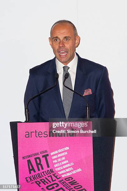 Jason Mohammed speaks as Teresa Margolles was today announced as the winner of the Artes Mundi 5 prize at the National Museum Cardiff by chair of the...