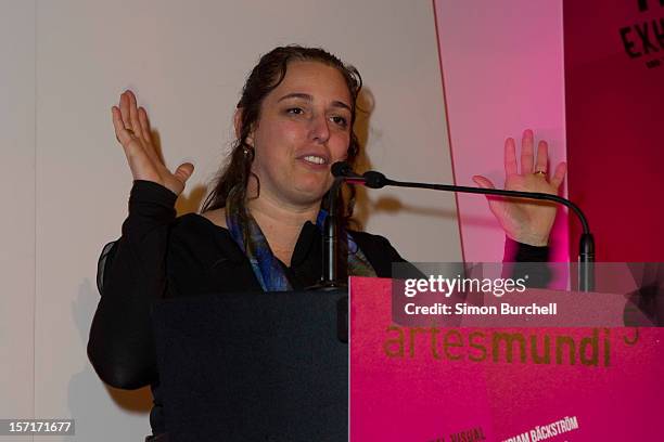 Tania Bruguera speaks as Teresa Margolles was today announced as the winner of the Artes Mundi 5 prize at the National Museum Cardiff by chair of the...