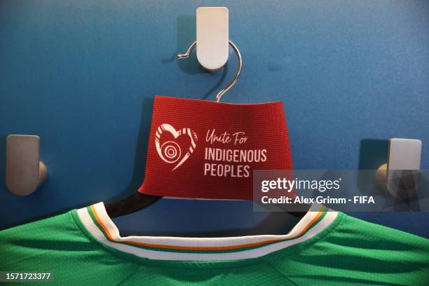 Unite For Indigenous Peoples' captain's armband is displayed in the Republic of Ireland dressing room prior to the FIFA Women's World Cup Australia &...