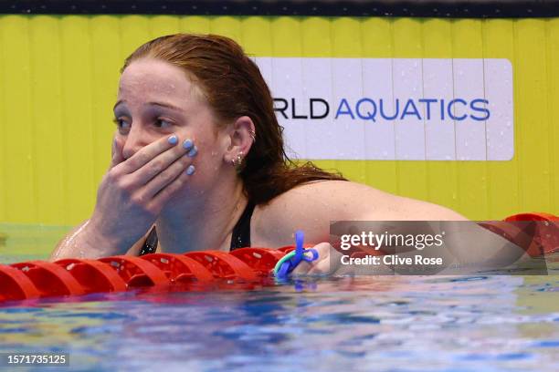 Mollie O'Callaghan of Team Australia celebrates winning gold with a new WR time of: 1:52.85 in the Women's 200m Freestyle Final on day four of the...