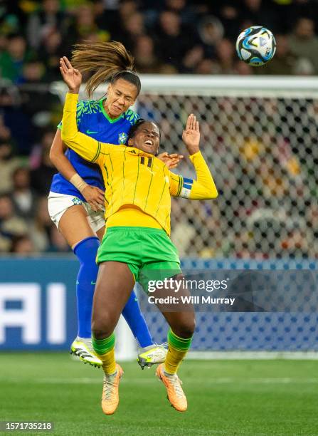 Kathellen of Brazil and Khadija Shaw of Jamaica compete for the ball with during the FIFA Women's World Cup Australia & New Zealand 2023 Group F...