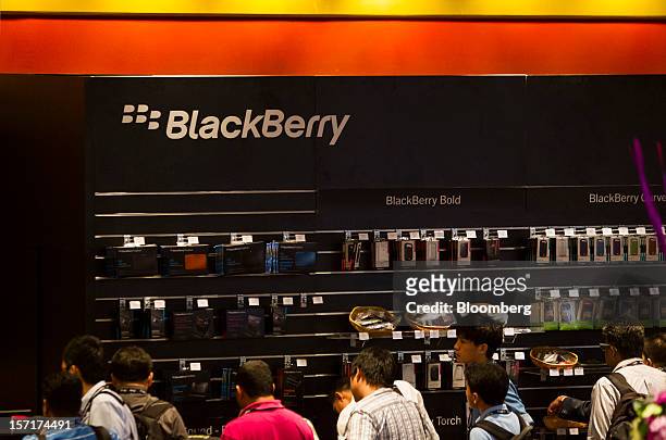 Research In Motion Ltd. Accessories for its BlackBerry smartphones are displayed for sale at the BlackBerry Jam Asia developer conference in Bangkok,...