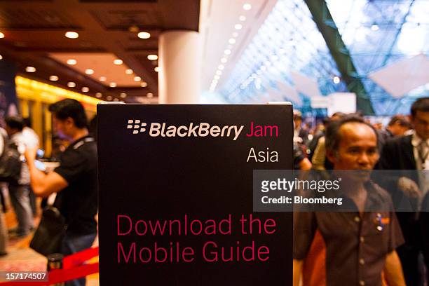 Signage for the Research In Motion Ltd. BlackBerry Jam Asia developer conference is displayed in Bangkok, Thailand, on Thursday, Nov. 29, 2012. RIM...