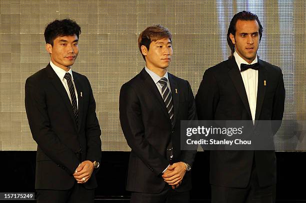 Player of the Year Nominees Zheng Zhi of China, Lee Keun Ho of South Korea and Mohammad Ali Karimi of Iran during the 2012 AFC Annual Awards at the...