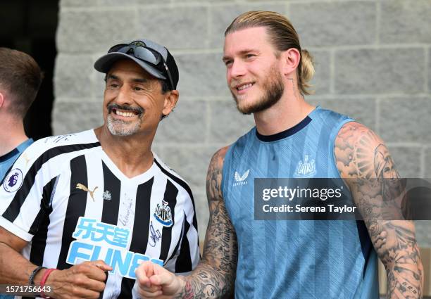 Goalkeeper Loris Karius poses for photos with fans during the Pre Season Open Training session at the PACE Academy on July 25, 2023 in Atlanta,...