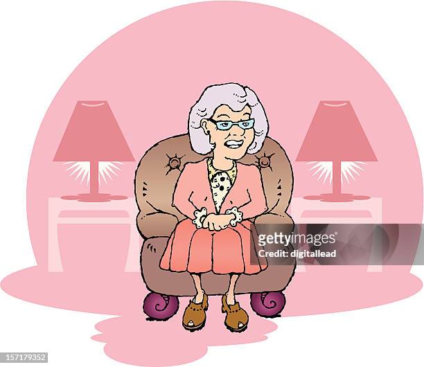 ilustraciones, imágenes clip art, dibujos animados e iconos de stock de abuela sentado en una silla de cuero - 60 69 años