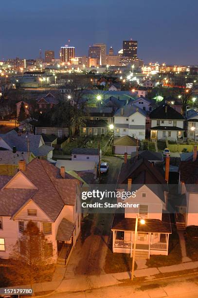 dayton ohio cityscape skyline at dusk, community - local high street stock pictures, royalty-free photos & images