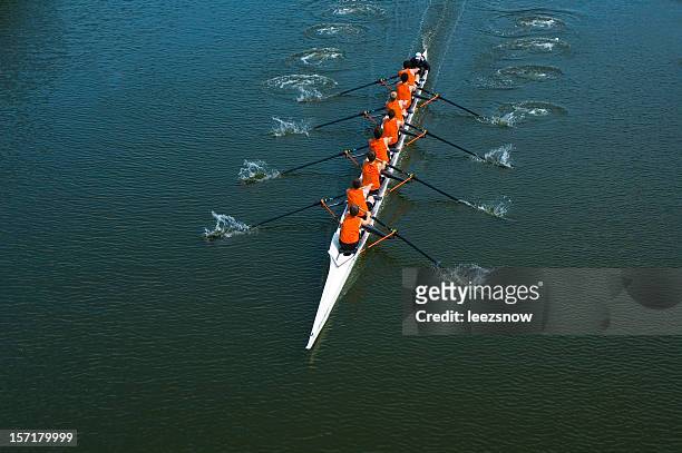 eight man rowing team - teamwork - match sport stockfoto's en -beelden