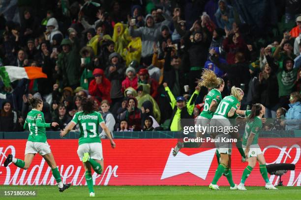 Republic of Ireland players celebrate the team's first goal scored by Katie McCabe during the FIFA Women's World Cup Australia & New Zealand 2023...