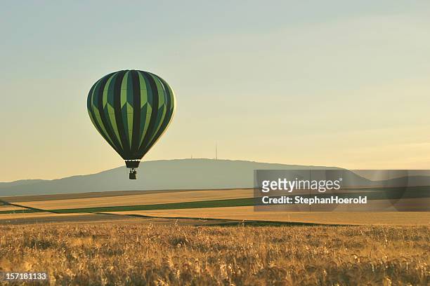 luftballons in wheat field - hot air balloon ride stock-fotos und bilder