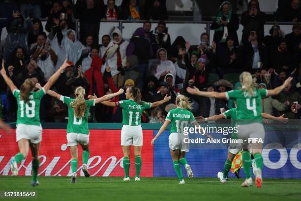 Katie McCabe of Republic of Ireland celebrates with teammates after scoring her team's first goal during the FIFA Women's World Cup Australia & New...