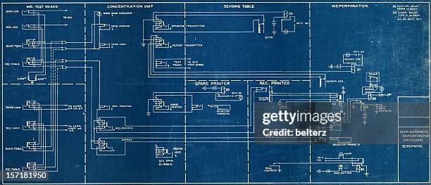 image of a wiring blueprint with a black boarder - blue print stock pictures, royalty-free photos & images