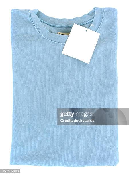 new folded t-shirt with blank tag - garment tag stock pictures, royalty-free photos & images
