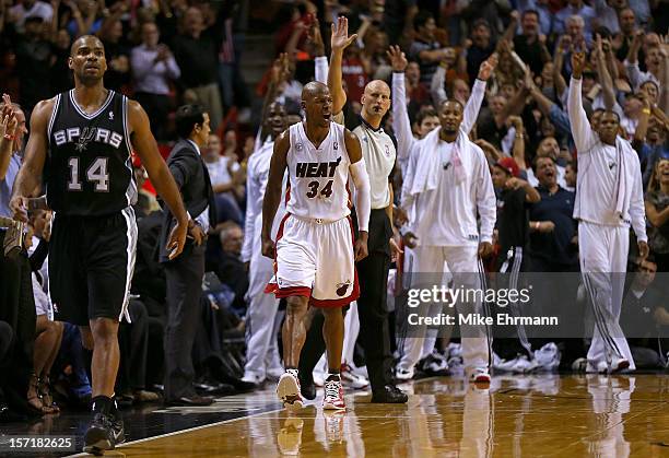 Ray Allen of the Miami Heat reacts to a late game three pointer during a game against the San Antonio Spurs at American Airlines Arena on November...