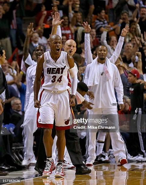 Ray Allen of the Miami Heat reacts to a late game three pointer during a game against the San Antonio Spurs at American Airlines Arena on November...