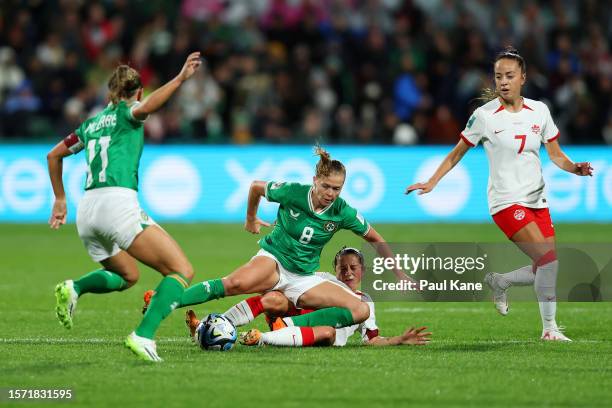 Ruesha Littlejohn of Republic of Ireland is tackled by Jessie Fleming of Canada during the FIFA Women's World Cup Australia & New Zealand 2023 Group...