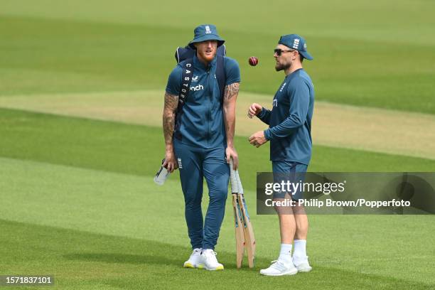 Ben Stokes and Brendon McCullum talk during a training session before the 5th Test between England and Australia at The Kia Oval on July 26, 2023 in...