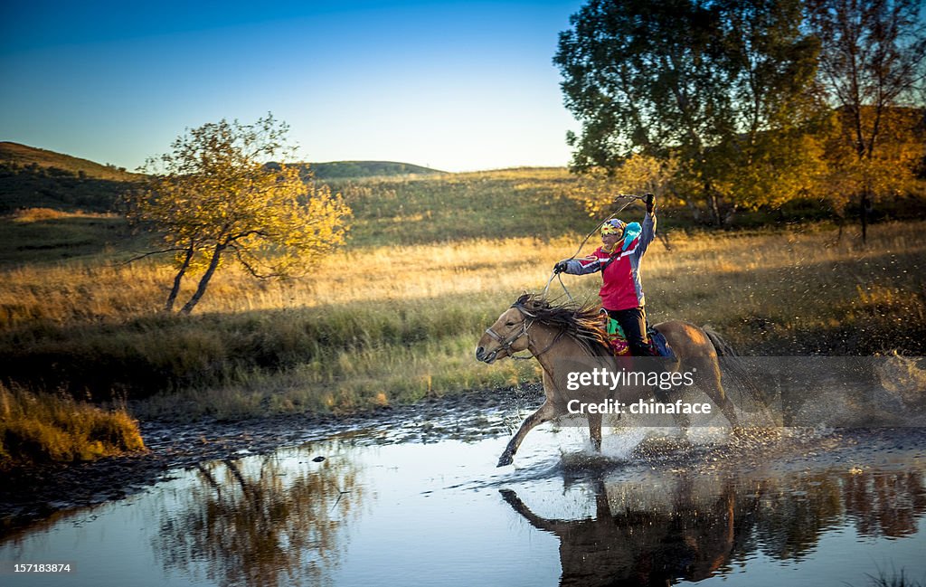 Woman gallops horse through stream