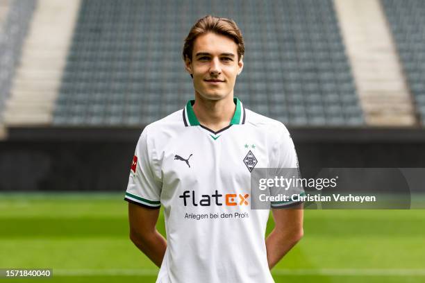 Florian Neuhaus pose during the Team Presentation of Borussia Moenchengladbach at Borussia-Park on August 02, 2023 in Moenchengladbach, Germany.